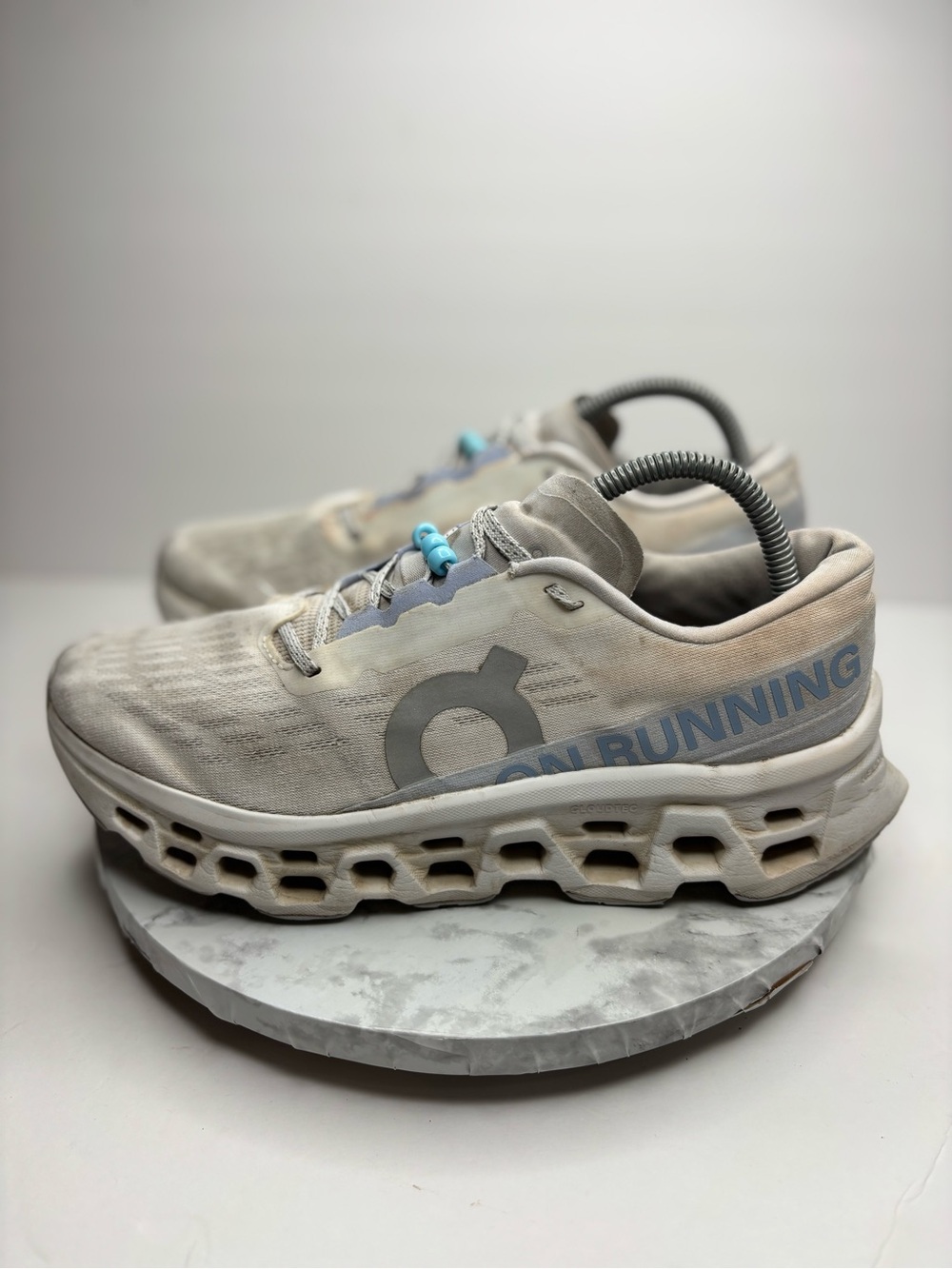 Size 9.5- On Cloudmonster 3 running shoes in the White/Frost